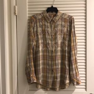 Free People Plaid Embroidered Shirt Size Small